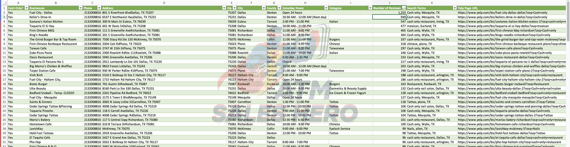 Cash Only Business List Excel Sheet